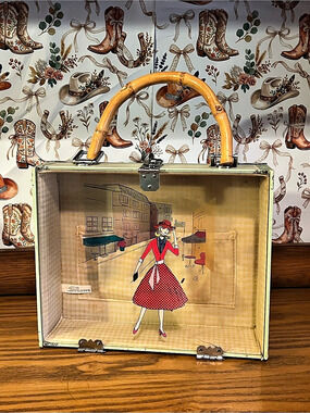 1960s True Vintage Hard Wood Suit Carrier, Bamboo Handle, Green/Beige Barbie